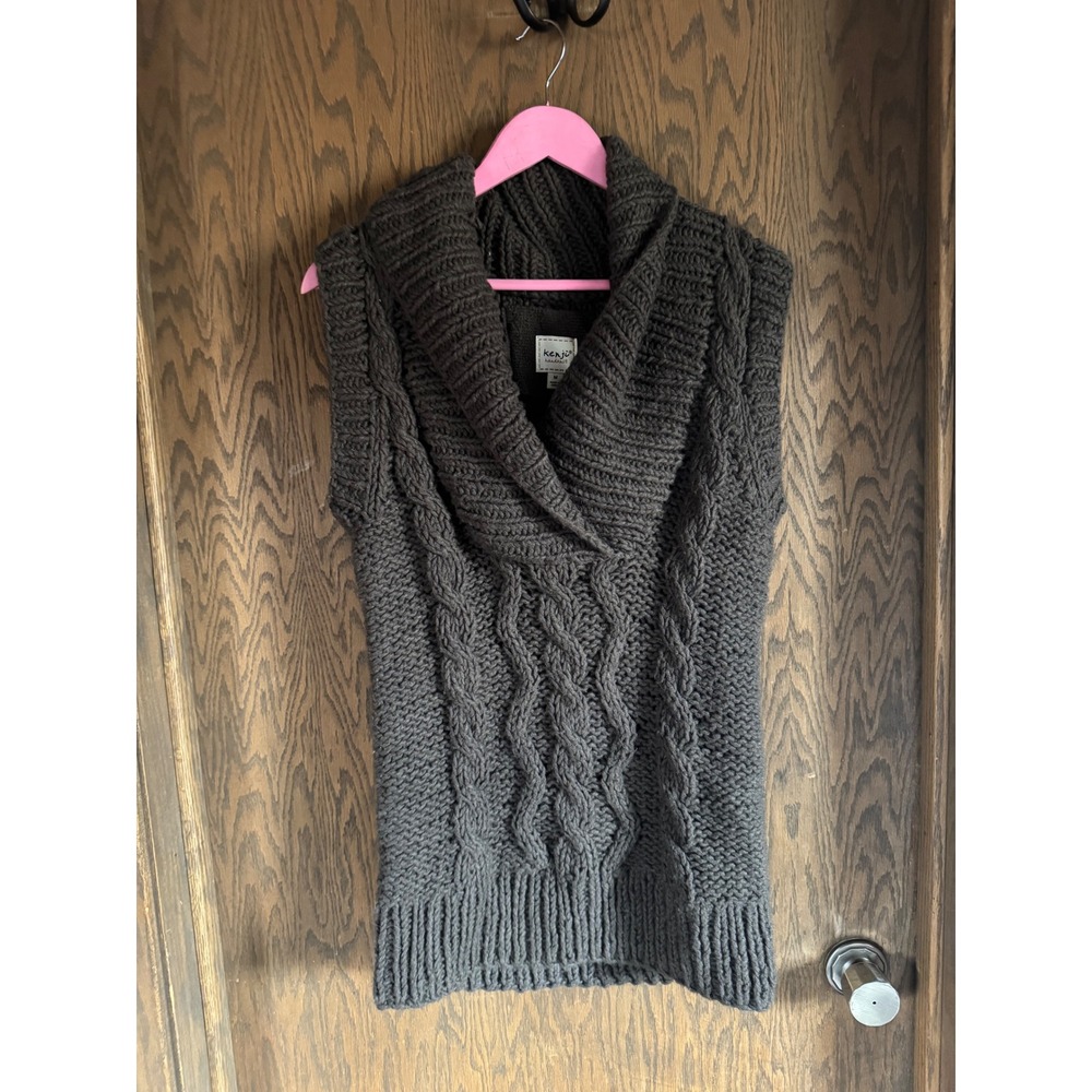 Kenji Handknit Womens BrownCable Knit Shawl‎ Collar Sweater Vest Wool Medium